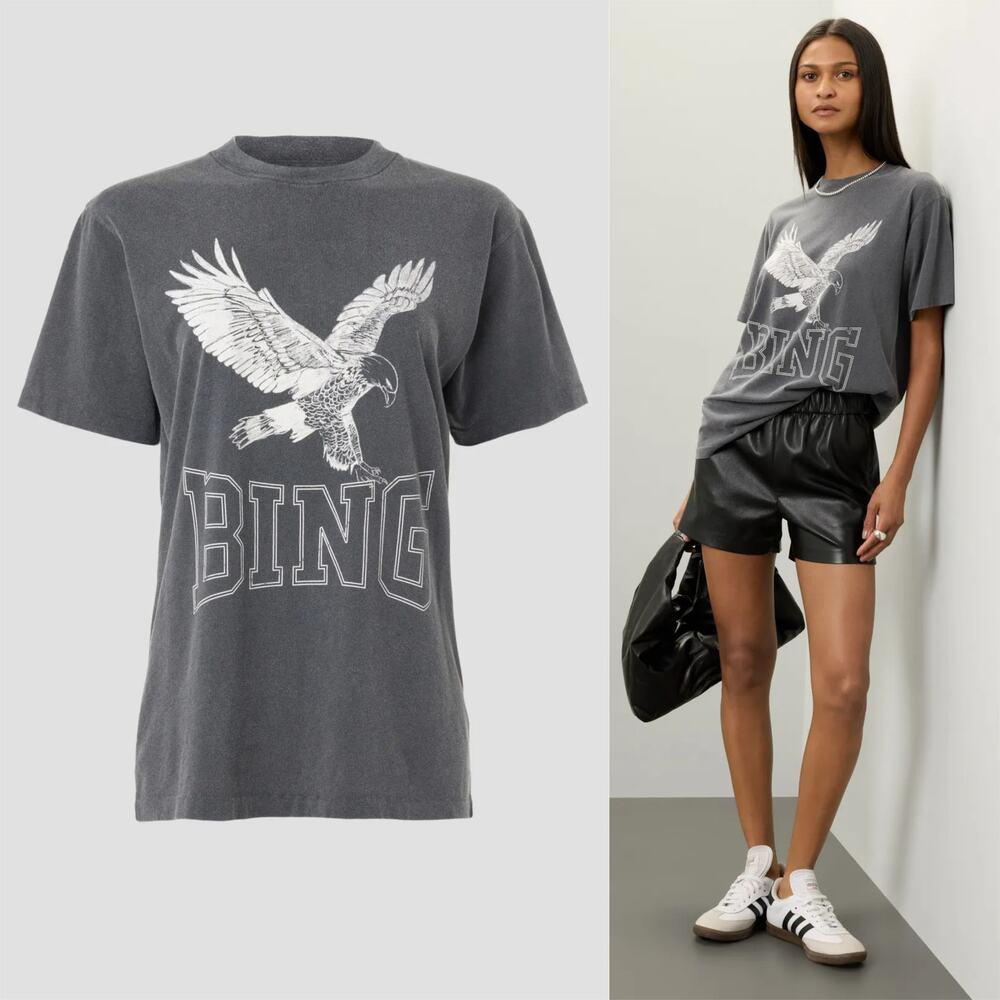 Anine Bing Lili Retro Eagle Tee Short Sleeve Crew Neck T-Shirt Top Black Small